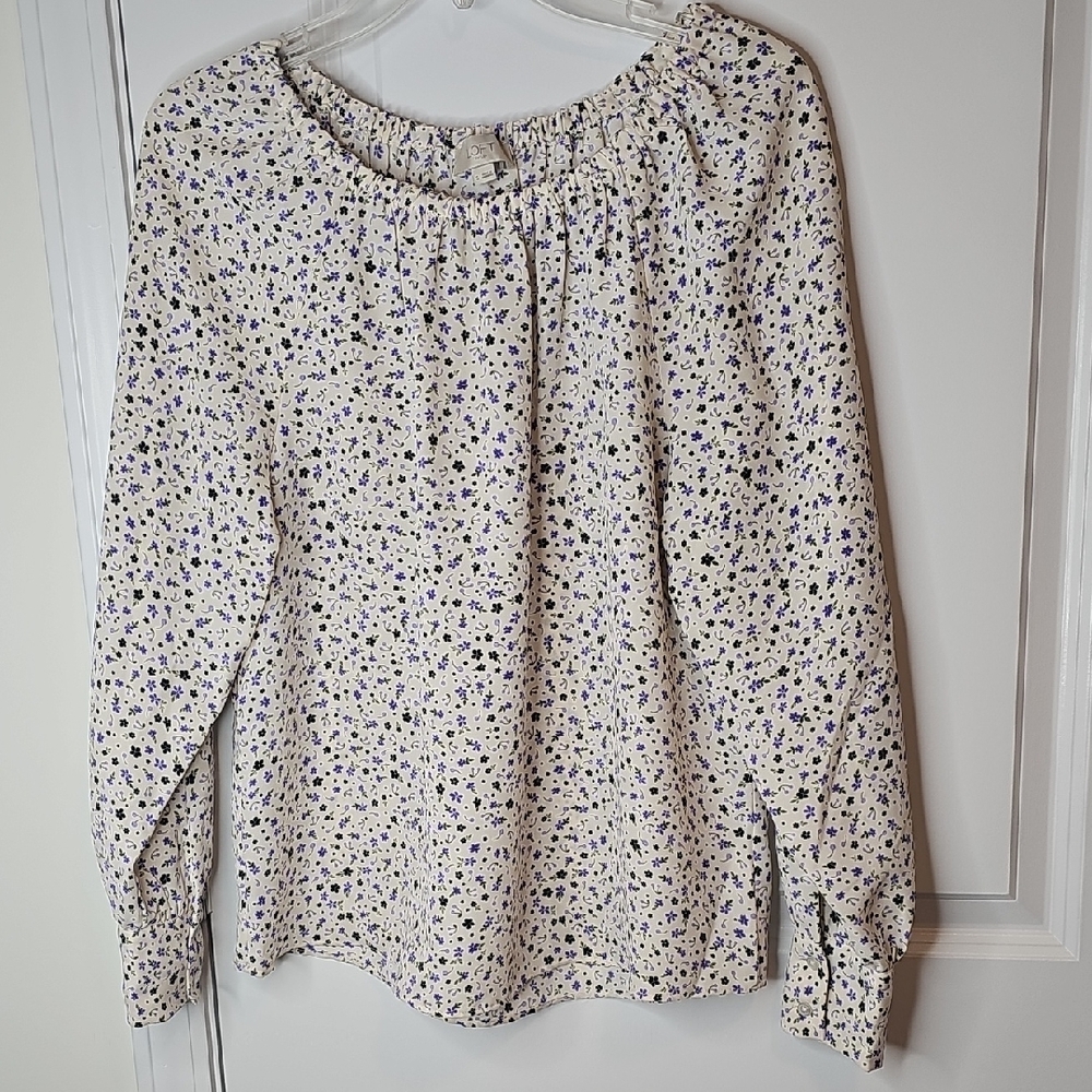 LOFT Cream Blouse with Purple & Black Floral Print